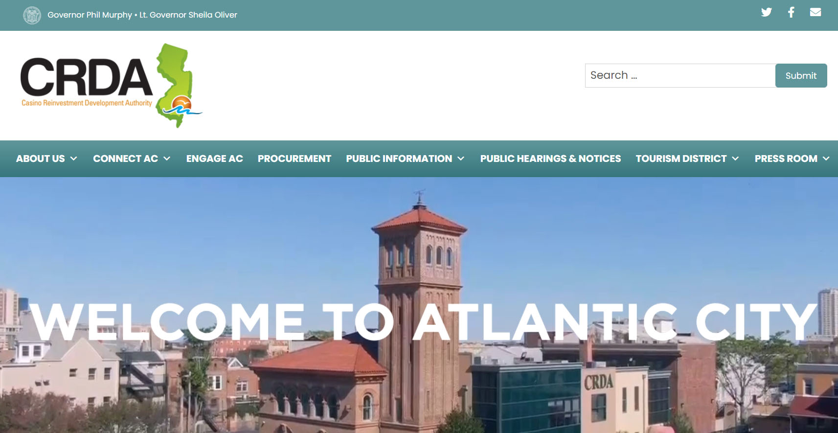 CRDA website homepage "Welcome to Atlantic City" with CRDA Firehouse building in view.