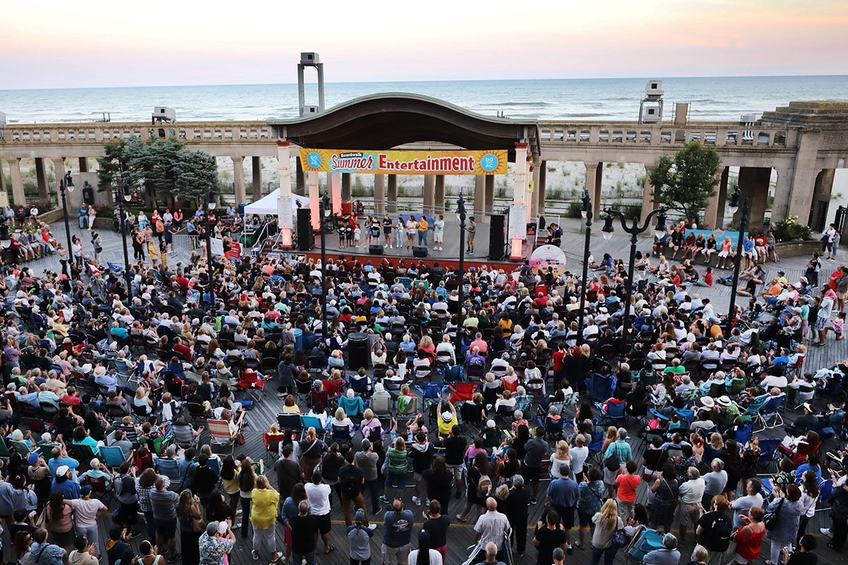 Visitors gather on the Boardwalk for the Summer Entertainment series of shows at Kennedy Plaza at 2301 Boardwalk in Atlantic City.