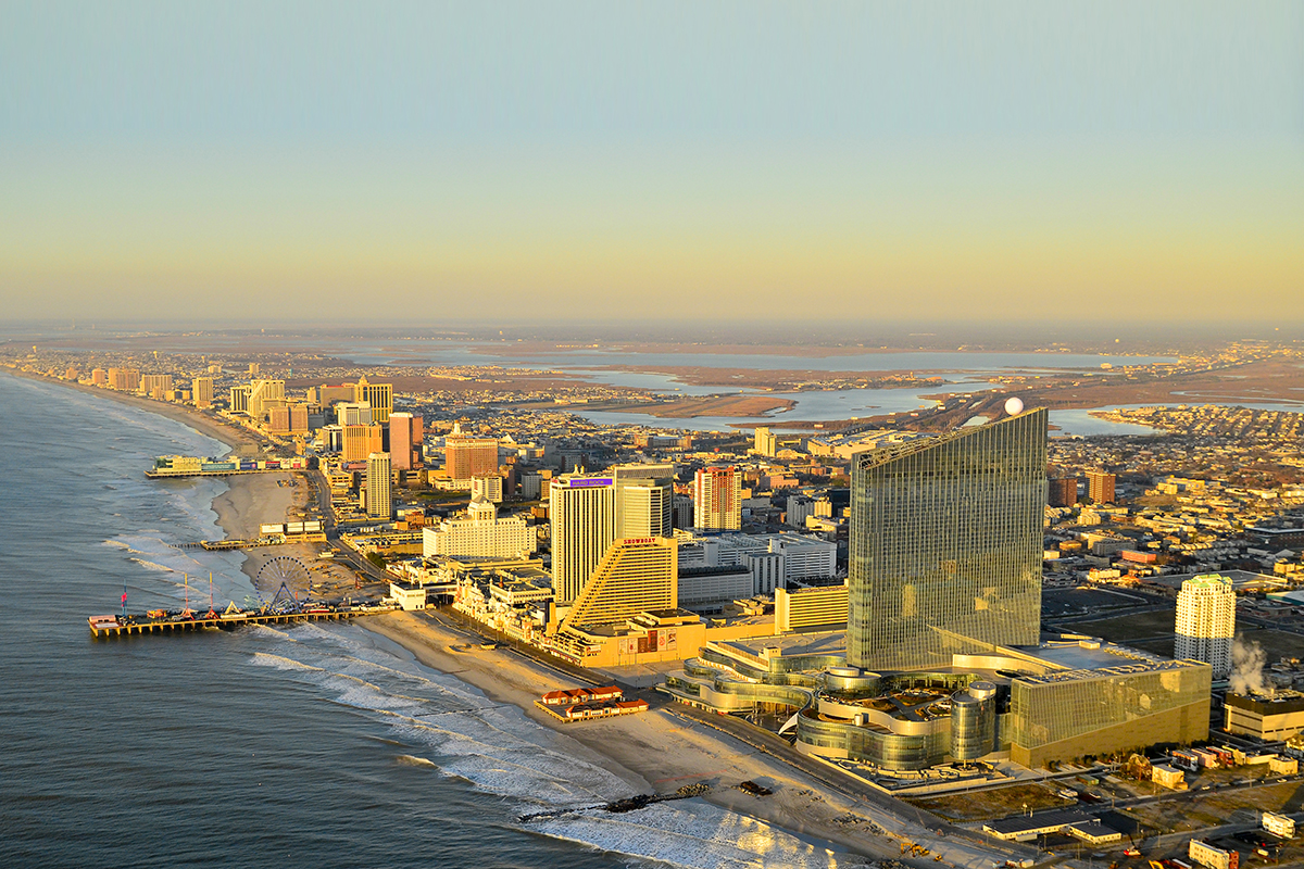 Skyline of Atlantic City with Beach and Boardwalk in view.