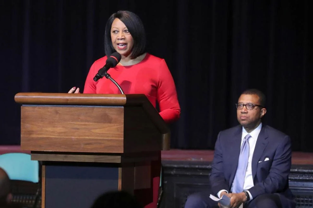 Lt. Governor of New Jersey Sheila Oliver standing at a podium during a town hall meeting at Boardwalk Hall January 29, 2019. Photo: Edward Lea, Press of Atlantic City.