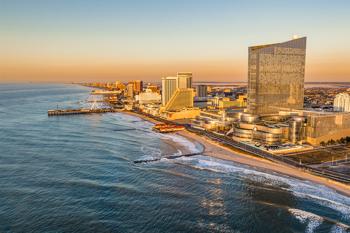 Atlantic City skyline with beach, boardwalk, resorts at sunrise. Photo: Visit Atlantic City