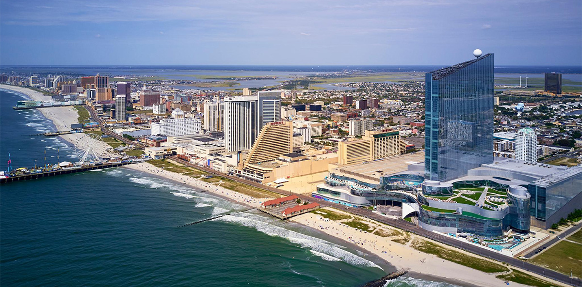 Atlantic City Skyline taken above Beach and Boardwalk looking south from Ocean Casino Resort.